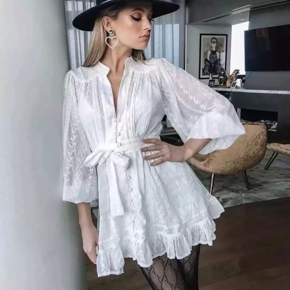 SOLD OUT White Button Up Ruffle Embroidered Floral Dress - Picture 1 of 12